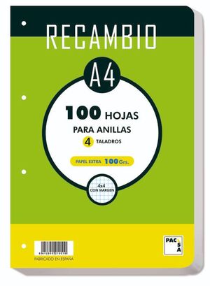 RECAMBIO A4 CUADRO 4MM PACSA 100GR 4 TALADROS CANTOS REDONDEADOS